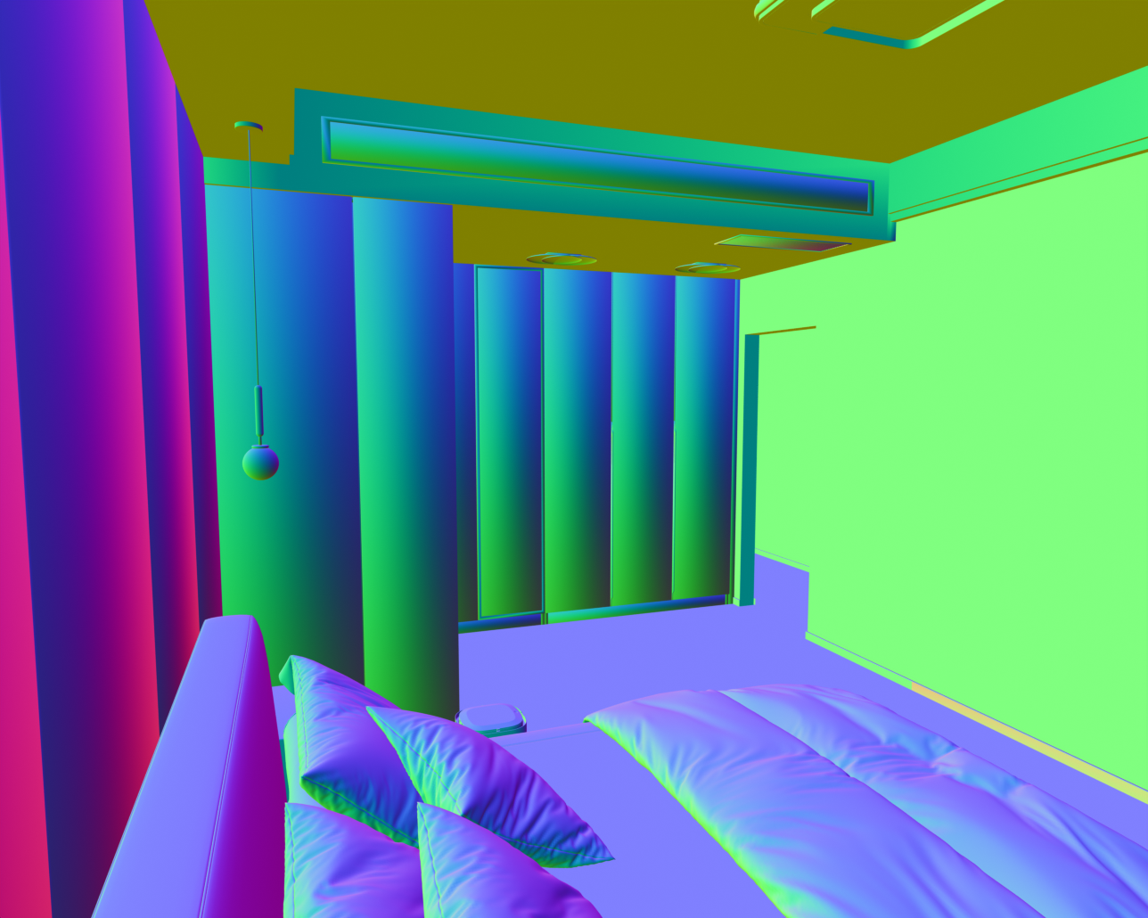Surface normal map of the same GRScenes bedroom